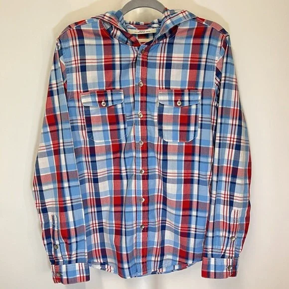 Levis Modern Fit Hooded Button Up L/S Shirt Mens Medium Red White Blue Plaid - Picture 3 of 16
